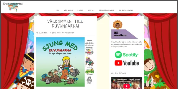 Skärmbild av Duvungarnas webbplats med föreställningar och information om verksamheten